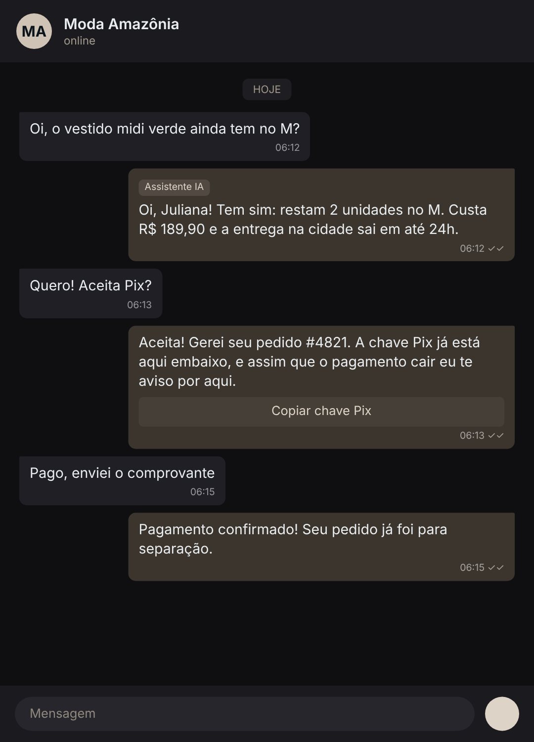 Exemplo de conversa em que a IA fecha uma venda às 06:12